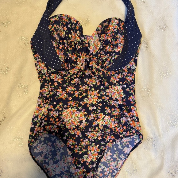 Midnight Grace One Piece Swimsuit – Size 36G, Vintage-Inspired Floral Halter - Picture 2 of 6